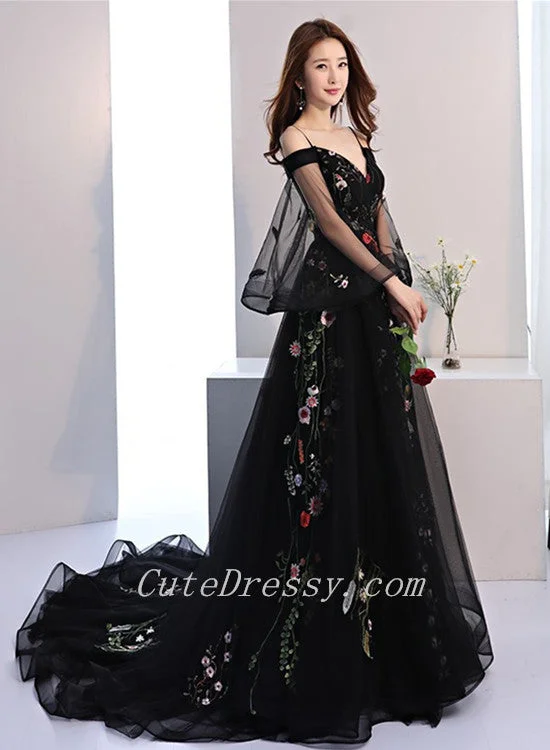 Black Long Puffy Sleeves Tulle with Lace Wedding Party Dresses, Black Floral Prom Dresses Tunics Prom sequined