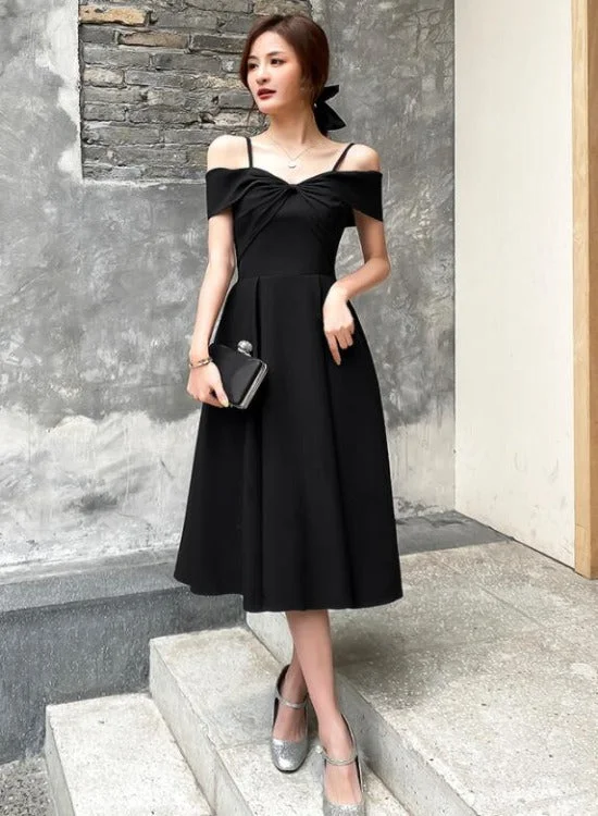 Black Off Shoulder Tea Length Wedding Party Dress, Black Prom Dress Homecoming Dress Tunics Wedding white