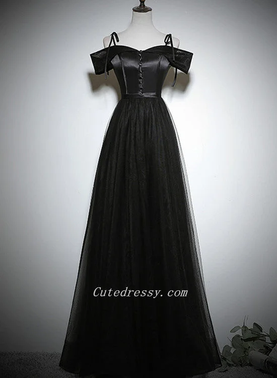 Black Off Shouldr A-line Satin with Tulle Prom Dress, Black Evening Dresses Tunics Office stylish