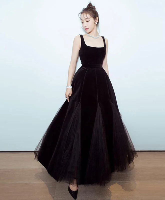 Black Velvet Tulle Tea Length Prom Dress, Black Evening Dress Tunics Canvas sturdy