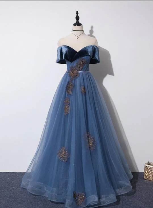 Blue Off Shoulder Velvet and Tulle A-line New Style Prom Dress, Blue Party Dress Evening Dress Bodycon Fitted Nightout