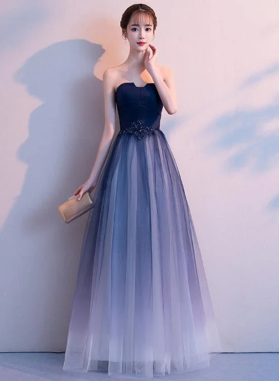 Blue Tulle Gradient Long Evening Dress Party Dress, A-line Tulle Bridesmaid Dresses sweetheart Neckline Romantic