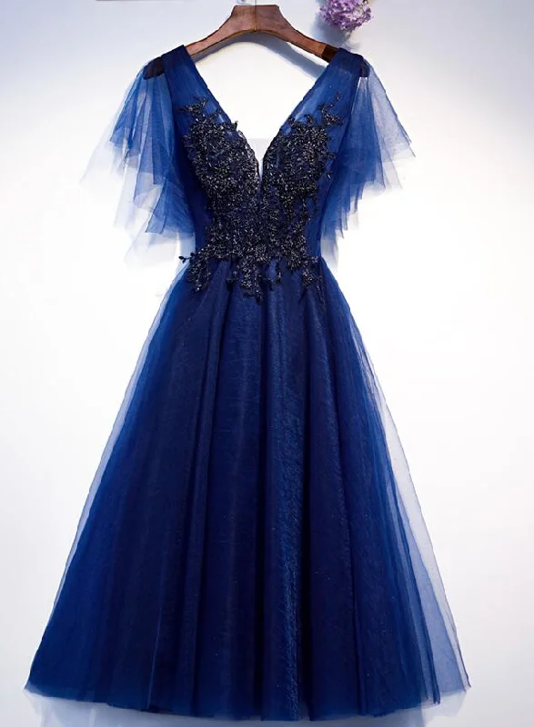 Blue Tulle Short Party Dress with Lace Applique, Blue Formal Dress Prom Dresses Tunics Velvet soft