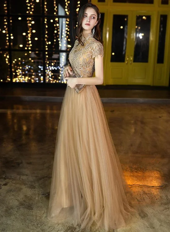 Champagne High Neckline Tulle with Lace Long Party Dresses, A-line Champagne Formal Dress Tunics Short Trendy