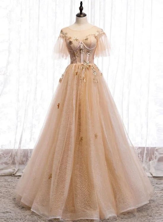 Champagne Puffy Sleeves Tulle Long Evening Dress Party Dress, A-line Tulle Prom Dresses Tunics Timeless classic