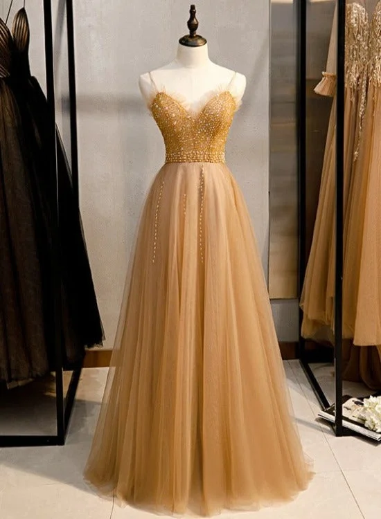 Champagne Sequins Tulle Straps Long Evening Dress Party Dress, Sweetheart Prom Dress Tunics Recommended stylist