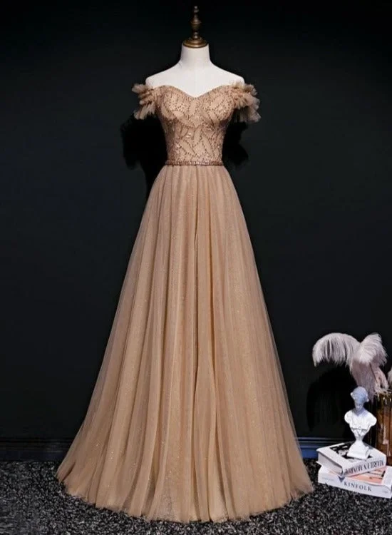 Champagne Tulle Beaded Floor Length Long Party Dress Prom Dress, A-line Tulle Formal Gown Tunics Vintage classic