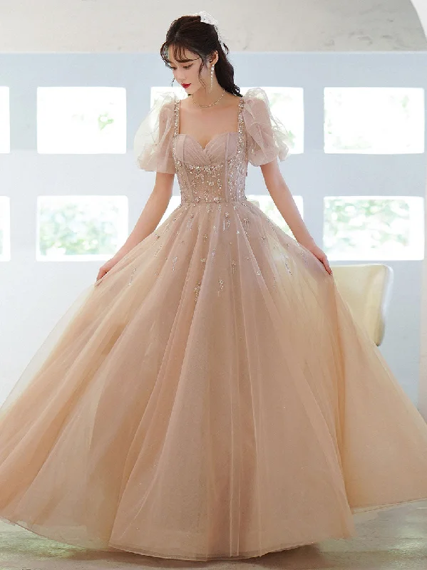 Champagne Tulle Beads Long Prom Dress, Champagne Evening Dress Tunics Party sparkling