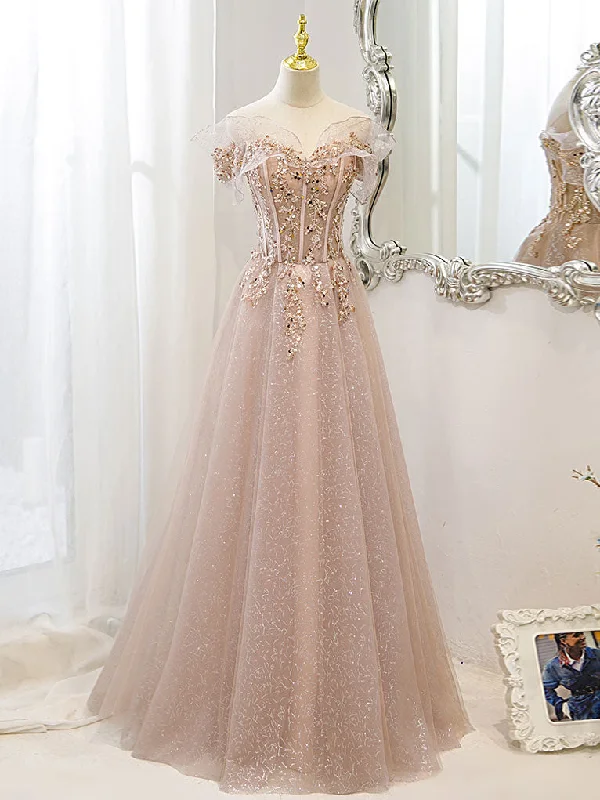 Champagne Tulle Lace A line Long Prom Dress, Lace Champagne Evening Dress Tunics Lace romantic