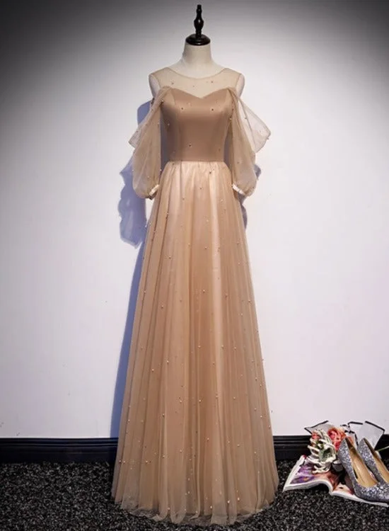 Champagne Tulle Long Puffy Sleeves Party Dresses, Beautiful Floor Length Prom Dresses High-Low Hemline Casual