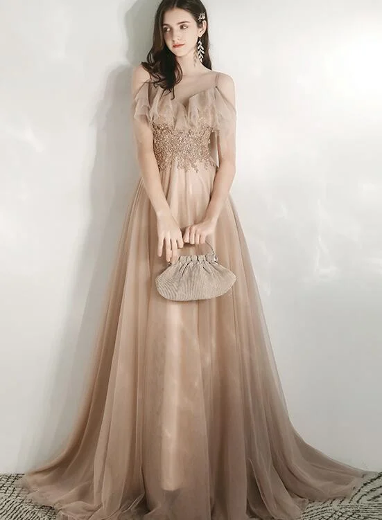 Champagne Tulle Off Shoulder Long Party Dress with Lace, A-line Tulle Evening Dress Prom Dress Tunics Yoga stretchy