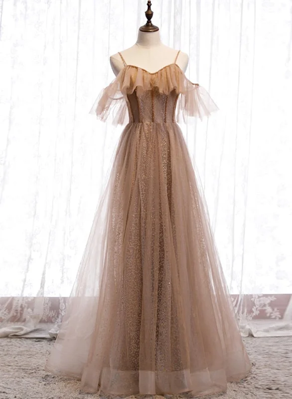 Champagne Tulle Off Shoulder Straps A-line Prom Dress, Long Evening Dress Party Dress Tunics Essential wardrobe