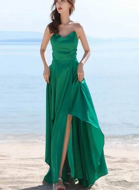 Chic Green High Low Homecoming Dress Wedding Party Dress, Simple Green Evening Dresses Turtleneck Neckline Stylish