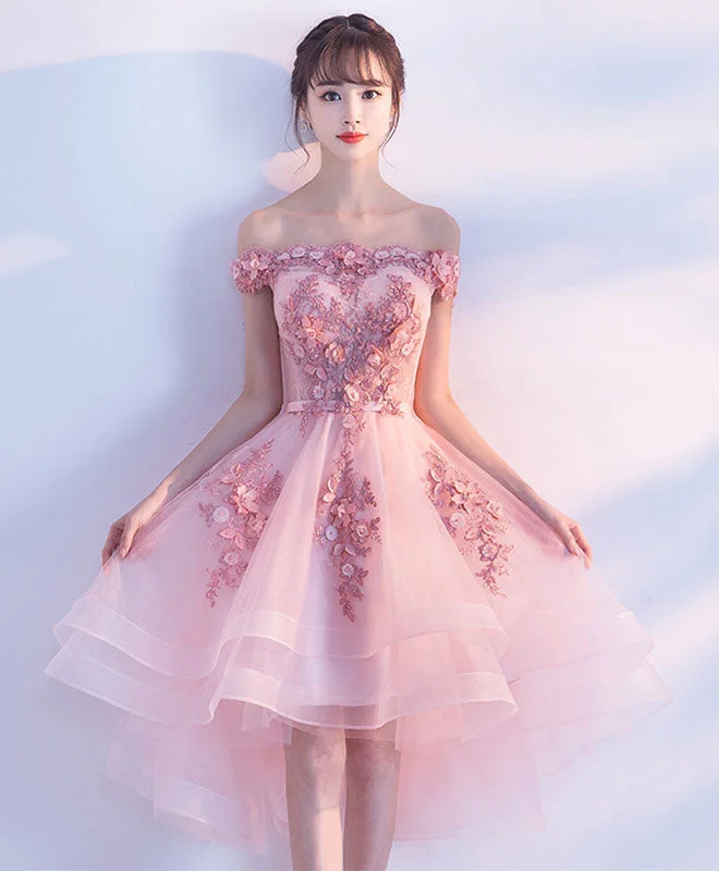 Cute Pink Lace Tulle Short Prom Dress, Pink Party Dress Tunics Winter warm