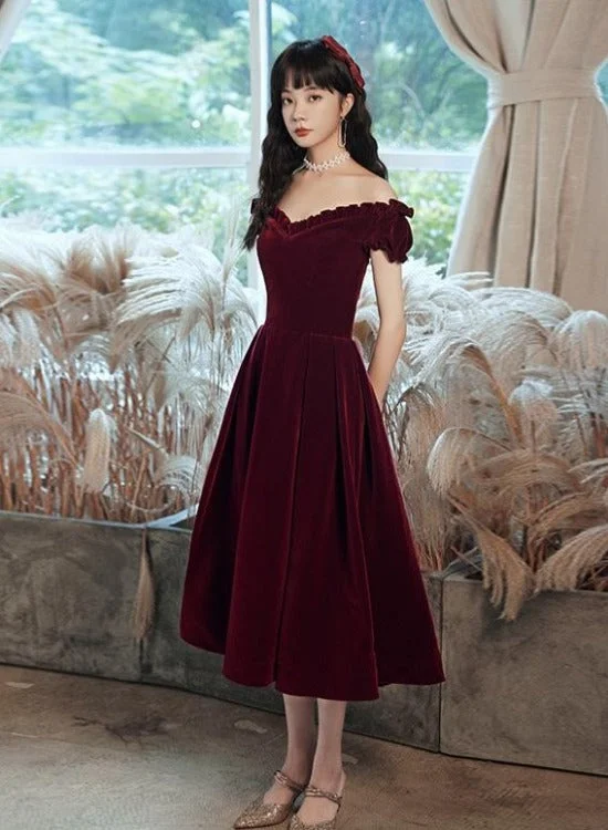 Cute Short Burgundy Sweetheart Off Shoulder Tea Length Party Dress, Velvet Prom Dress Crew Neckline Casual