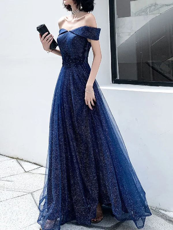 Dark Blue Tulle Long Prom Dress, A-Line Tulle Off Shoulder Blue Wedding Party Dresses Tunics Business professional