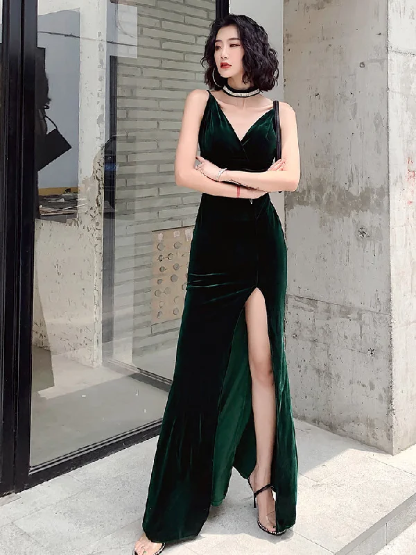 Dark Green Velvet Long Straps Floor Length Party Dress, Green Prom Dress Formal Dress Bodycon Fitted Nightout