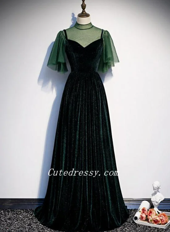 Dark Green Velvet with Puffy Sleeves Tulle Prom Dresses, A-line Green Party Dresses Formal Dress Tunics Mesh breathable