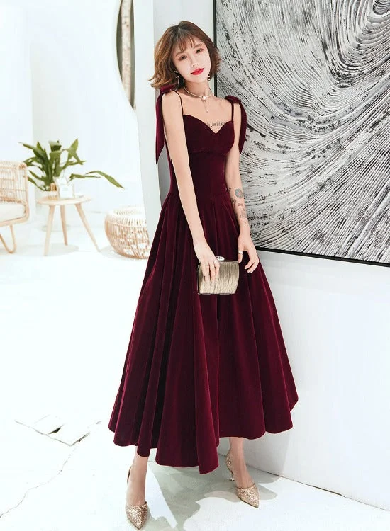 Dark Red Straps Velvet Elegant Tea Length Bridesmaid Dress, Burgundy Prom Dress Party Dress Tunics Hiking breathable