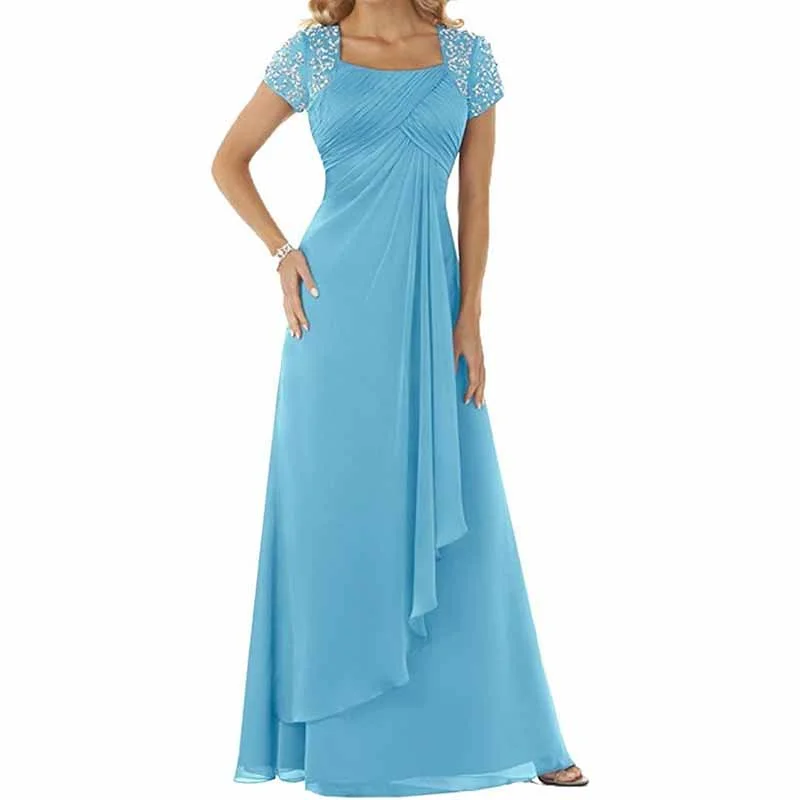 Evening Dress Chiffon Long Mother of the Bride Dress Short Sleeve Folding Wedding Guest Dress Tunics Running lightweight