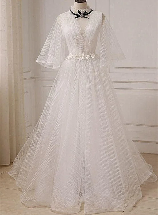 Fashionable White Tulle High Neckline Wedding Party Dress, Long Sleeves Puffy Prom Dresses Pleated Skirt Elegant