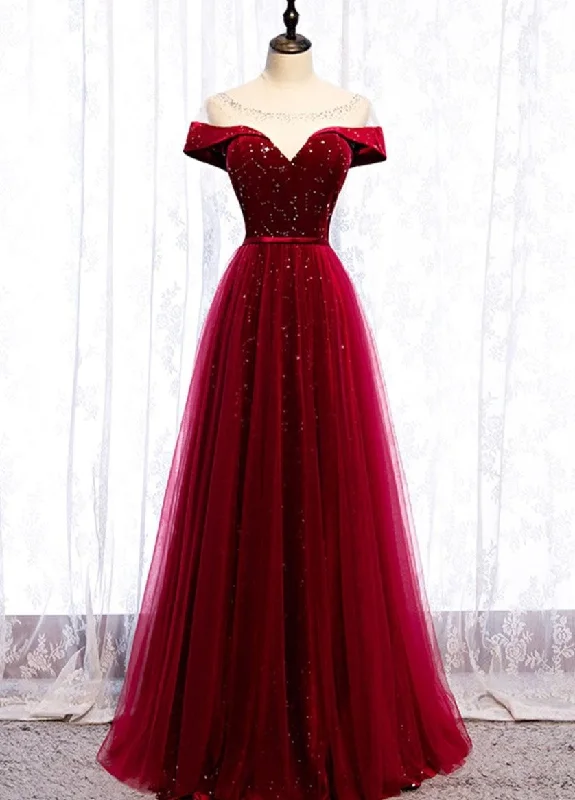 Glam Wine Red Tulle with Velvet Long Party Dress, Dark Red Formal Dress Prom Dress Tunics Bestseller popular