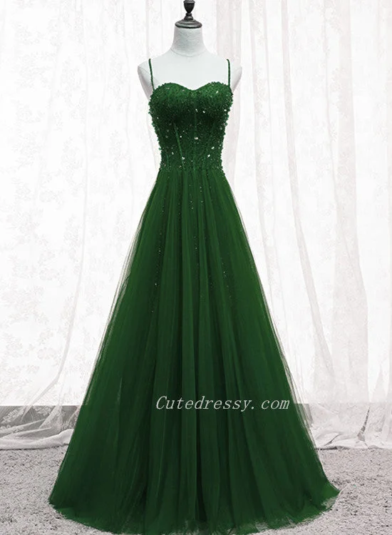 Green Beaded Tulle Sweetheart Tulle A-line Prom Dreess, Green Formal Dress Long Evening Dress Tunics Top rated