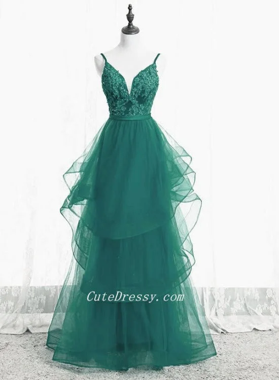 Green Lace and Tulle A-line Layers Long Prom Dress Party Dress, Green Evening Dresses Tunics Travel practical