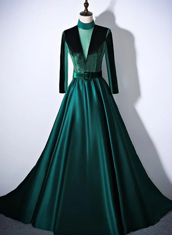 Green Satin and Velvet Long Evening Dress Party Dress, Long Sleeves Formal Dresses Tunics Cozy soft