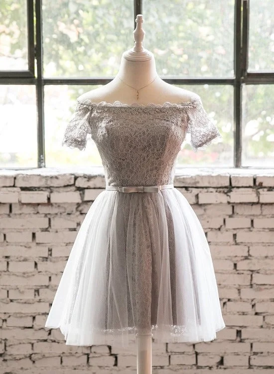 Grey Lace Tulle Short Sleeves Homecoming Dress Party Dress, Light Grey Formal Dresses Mermaid Tail Wedding