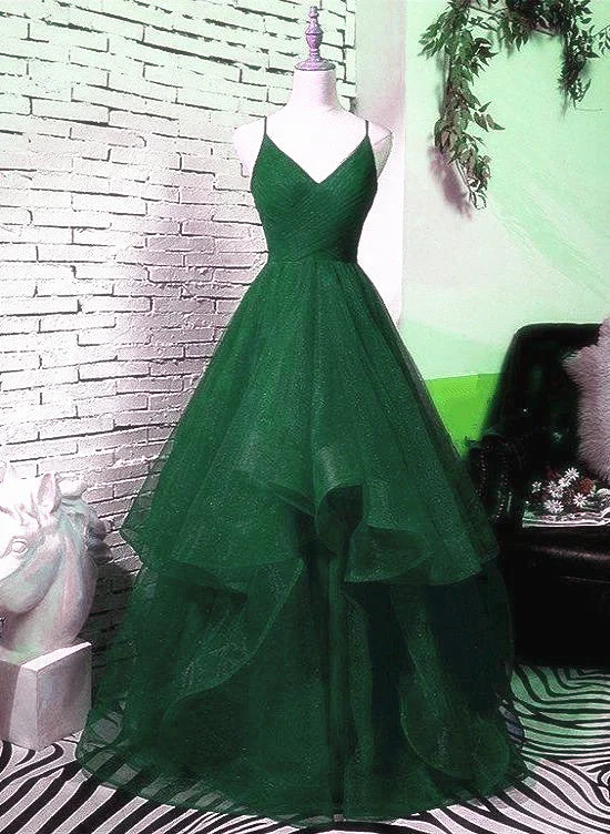 Hunter Green Straps V-neckline Layers Long Party Dress, Green New Prom Dress 2022 A-Line Day Work