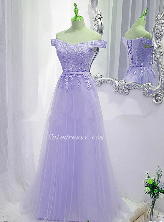 Lavender Tulle Off Shoulder Party Dress with Lace Applique, A-line Tulle Prom Dresses Tunics Chinos classic