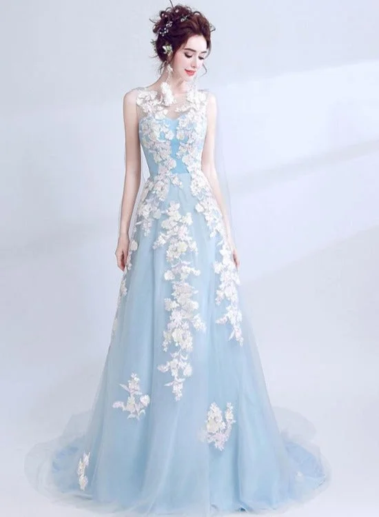 Light Blue Long V Back Formal Dress with Lace Applique, Blue Prom Dresses Party Dress Pencil Length Work