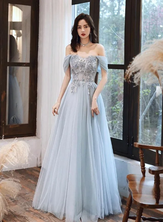 Light Blue Off Shoulder A-line Tulle Evening Dress Prom Dress, Blue Long Party Dresses Turtleneck Neckline Stylish