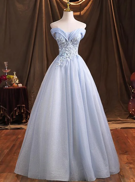 Light Blue Sweetheart Lace Applique Shiny Tulle Long Party Dress, Blue Prom Dress Tunics Practical easy-care