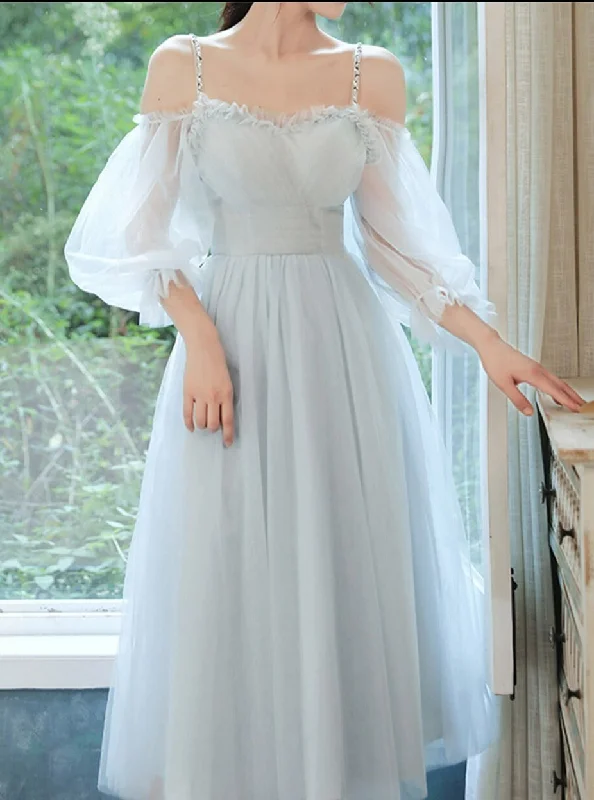 Light Blue Tea Length Party Dress with Puffy Sleeves, Charming Blue Formal Dresses Tunics Print Colorful