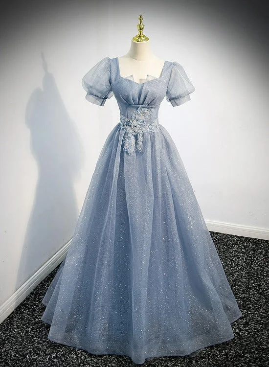 Light Blue Tulle Short Sleeves A-line Long Party Dresses, Blue Evening Dresses Formal Dresses Tunics Floral girly