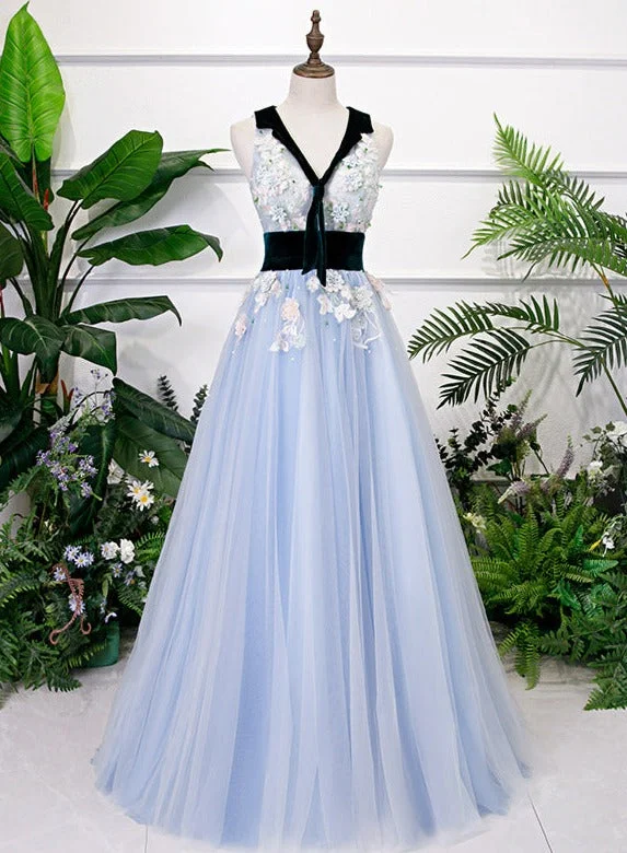 Light Blue Tulle with Flowers Lace Long Evening Dress Prom Dress, A-line Party Dresses Tunics Fleece cozy