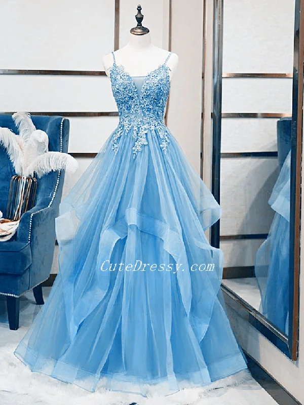 Light Blue V-neckline Lace Prom Dress with Corset Back, Light Blue Long Evening Dresses Tunics Ceremony elegant