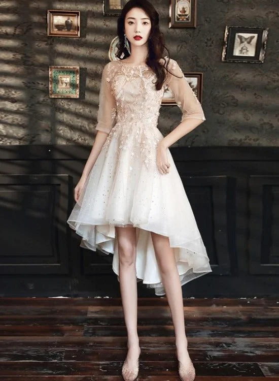 Light Champagne Lace Applique Short Sleeves High Low Party Dress, Short Homecoming Dresses Tunics Satin smooth