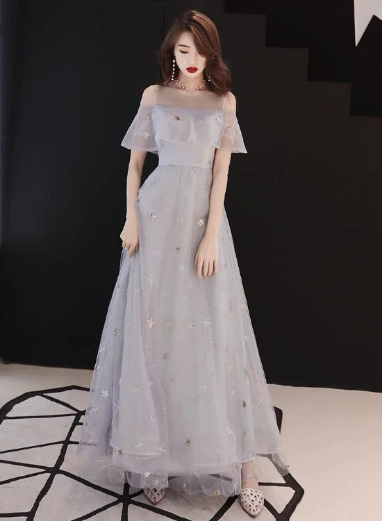 Light Grey Tulle A-line Simple Long Party Dress, Grey Evening Dresses Prom Dresses Crew Neckline Sporty