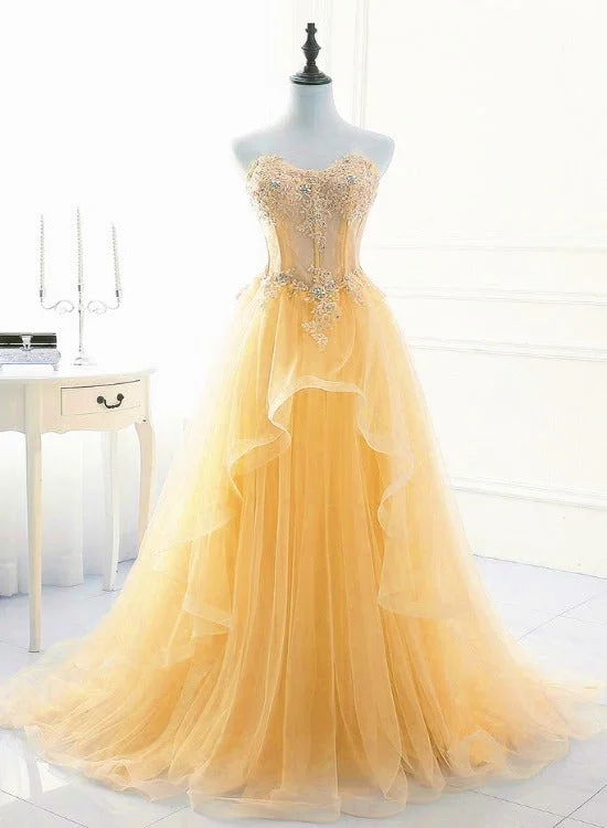 Light Yellow Beaded Tulle Long Party Dress Prom Dress, Yellow Formal Dresses Tunics Sophisticated sleek