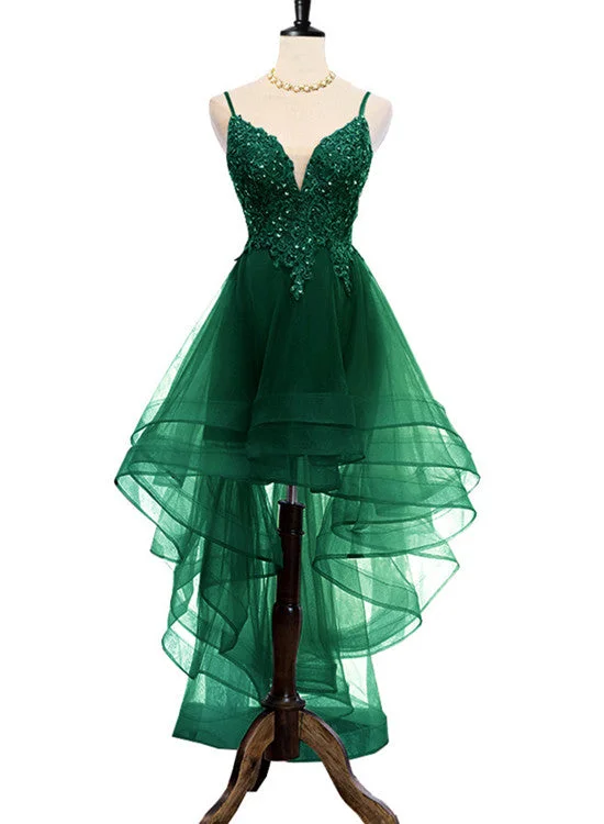 Lovely Dark Green High Low Chic Party Dress Prom Dress, V-neckline Straps Homecoming Dress Tunics Travel practical