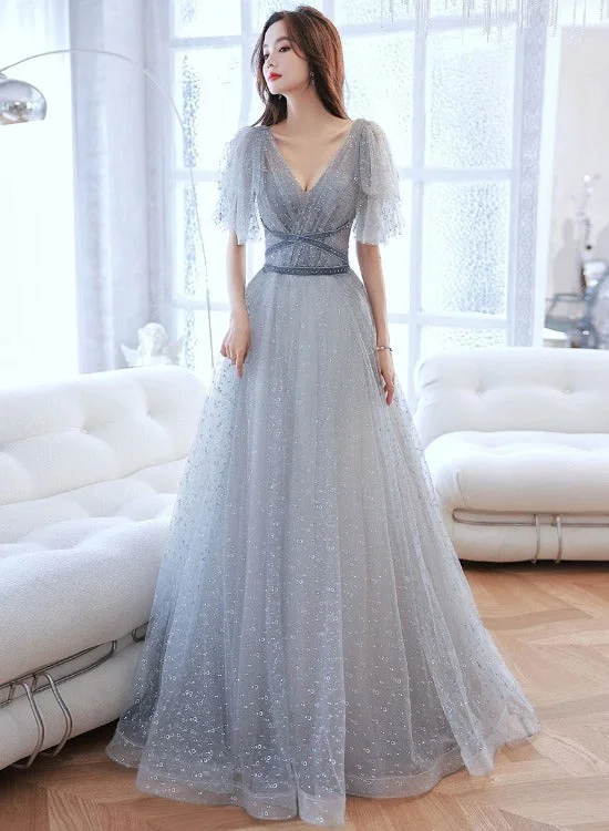 Lovely Grey Shiny Tulle V-neckline Puffy Sleeves Long Prom Dresses, Grey Evening Dresses Tunics Designer luxury