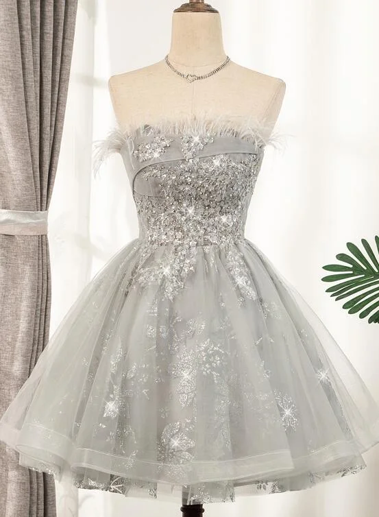 Lovely Grey Tulle with Shiny Lace Short Party Dress Homecoming Dress, Cute Prom Dress Off-the-shoulder Chic Trendy