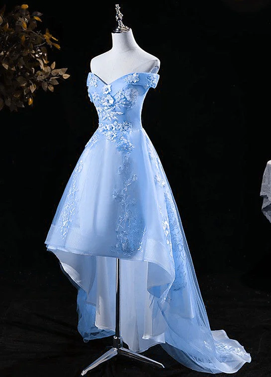 Lovely High Low Tulle Lace Applique Party Dress, Off Shoulder Homecoming Dresses empire Waist empire