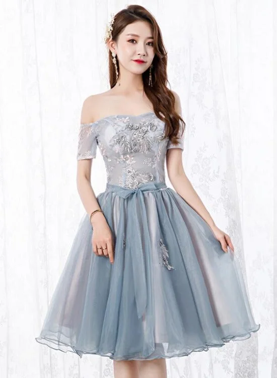 Lovely Organza Tulle Grey-Blue Short Sweetheart Lace Homecoming Dress, Short Party Dress Tunics Evening elegant