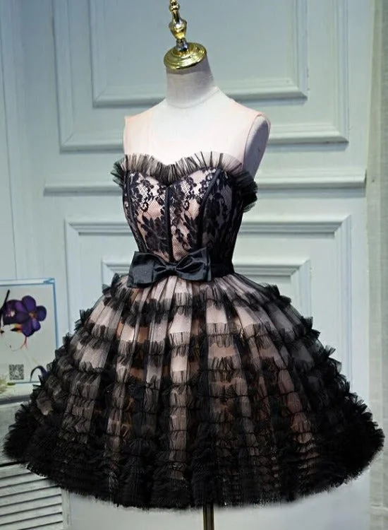 Lovely Pink and Black Short Party Dress with Bow, Cute Black Homecoming Dresses Boatneck Modish Everyday