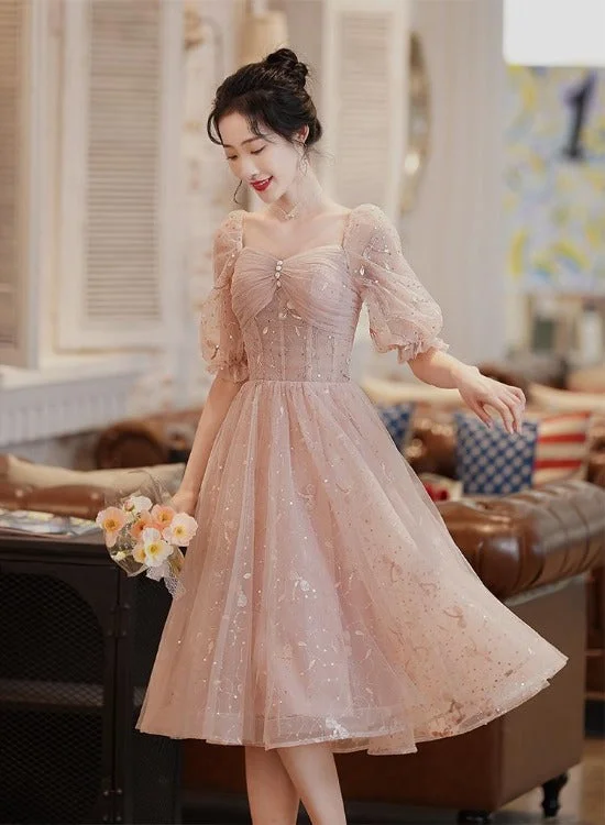 Lovely Pink Lace Short Sleeves Sweetheart Vintage Style Party Dress, Pink Homecoming Dresses empire Waist empire