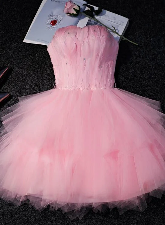 Lovely Pink Tulle Short Party Dress with Feather, Cute Pink Homecoming Dress Cowl Neckline Elegant